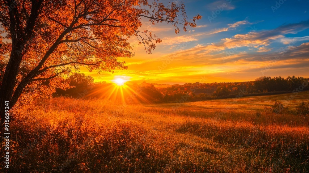 Fototapeta premium Vibrant autumn landscape with a glowing sunset, orange foliage, and a large tree, capturing the warmth and beauty of fall.