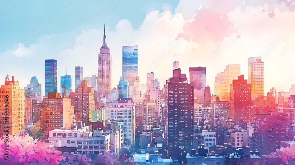 Obraz premium Watercolor painting of tall buildings in the capital