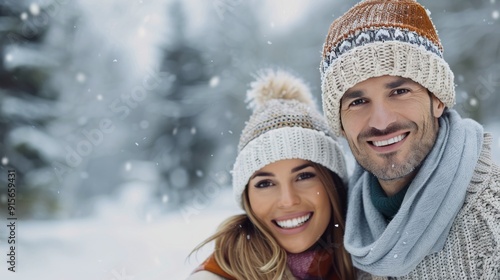 Happy Couple Smiling in Winter Landscape During Snowfall