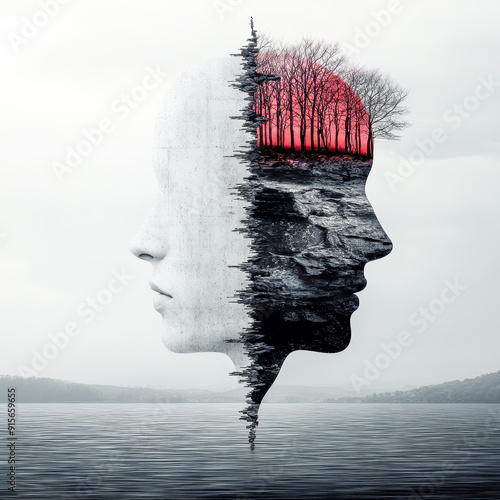 Revealing the Human Soul and Psyche A surreal depiction with fractured faces symbolizing inner transformation and self-disclosure