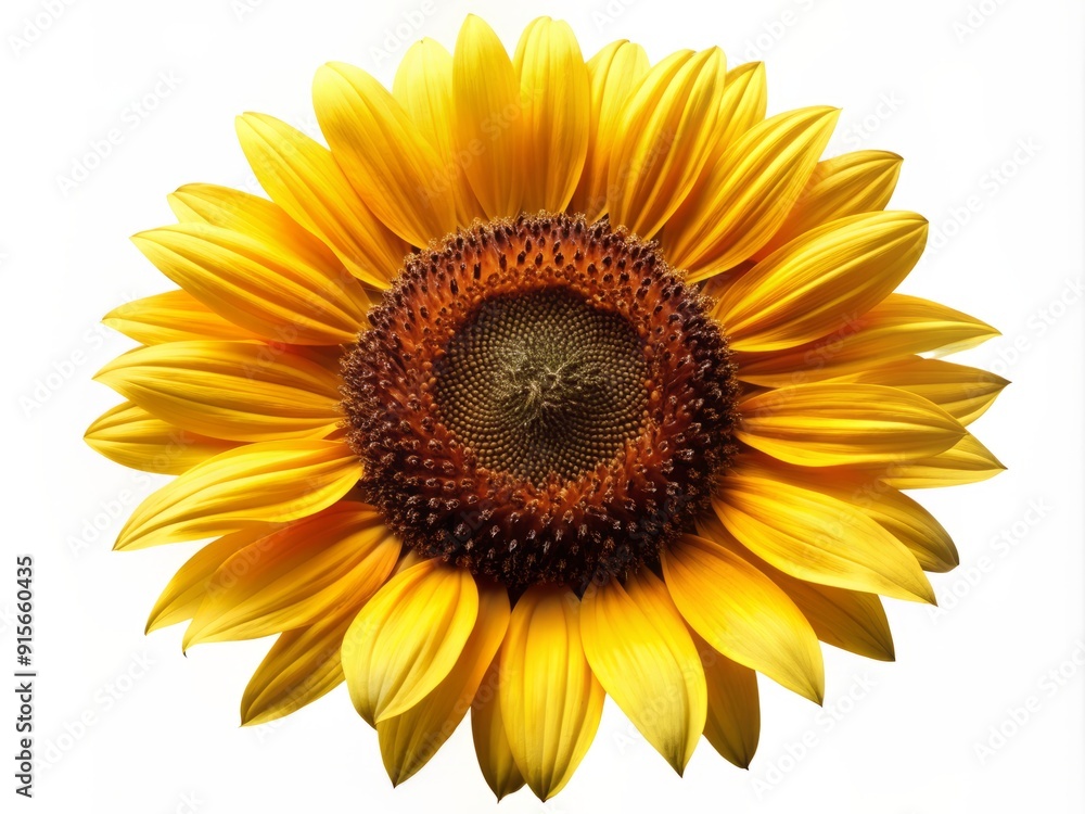 Bright yellow petals and dark brown center of a large sunflower bloom stand out against a crisp white background in a vibrant isolated illustration. Bright yellow petals and dark brown center of a large sunflower bloom stand out against a crisp white background in a vibrant isolated illustration.