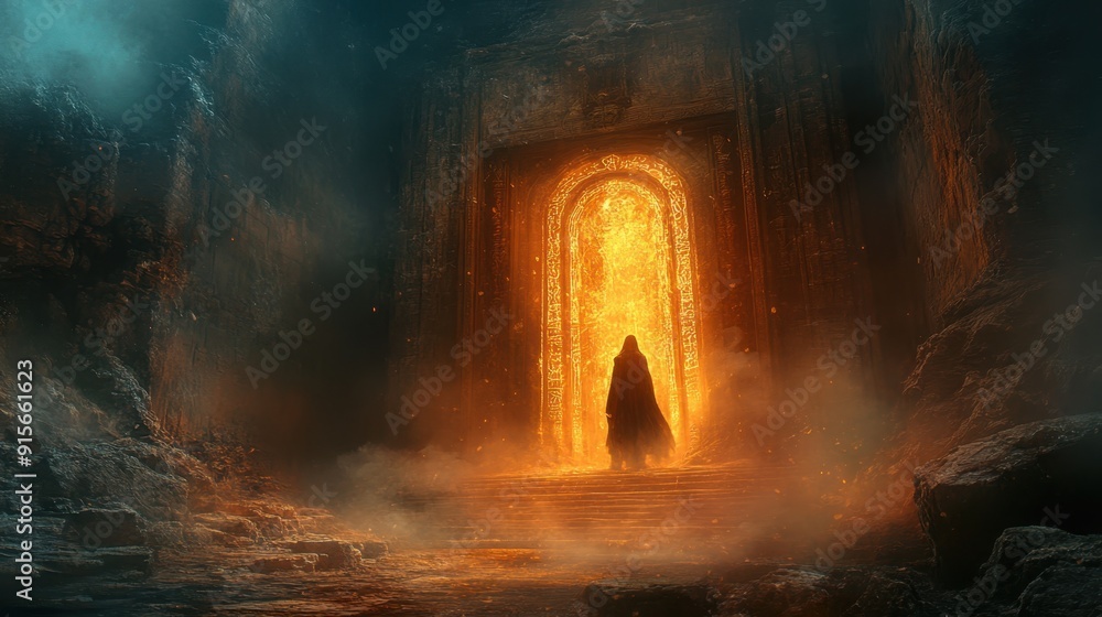 Fototapeta premium Enigmatic Presence at the Decaying Temple - A Mysterious Figure Amid Ancient Ruins and Mystical Illumination