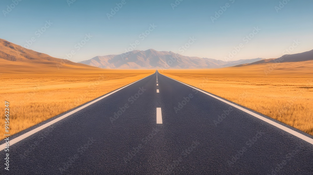 Fototapeta premium Straight Highway with Blue Sky, Long, empty road under a clear blue sky, showcasing an open and unobstructed view