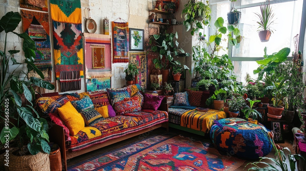 Naklejka premium A bohemian living room with eclectic furniture, vibrant textiles, and an abundance of houseplants, creating a lively and artistic space.