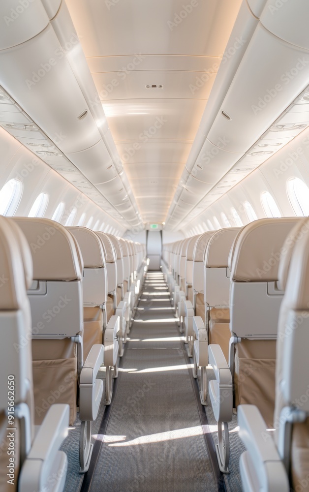 Professional Flight Attendants Preparing Modern Airplane Cabin for Passenger Boarding, Daytime, Calm, Clean, and Organized Environment Professional Flight Attendants Preparing Modern Airplane Cabin for Passenger Boarding, Daytime, Calm, Clean, and Organized Environment