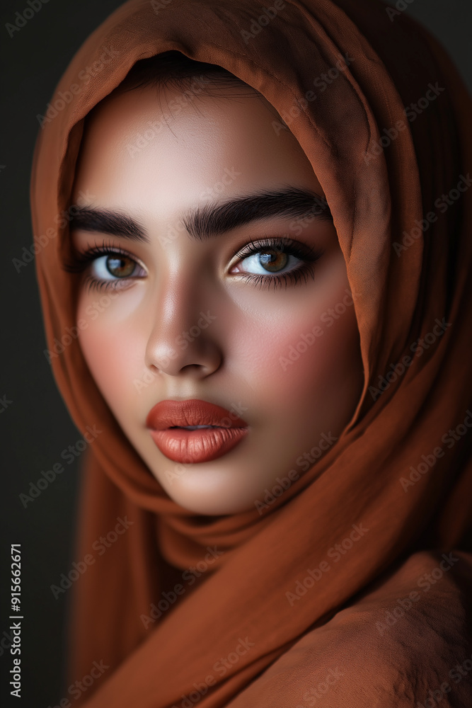 Portrait of a woman with deep brown eyes, soft makeup, and a light grey hijab, showcasing serene beauty and natural elegance. Portrait of a woman with deep brown eyes, soft makeup, and a light grey hijab, showcasing serene beauty and natural elegance.