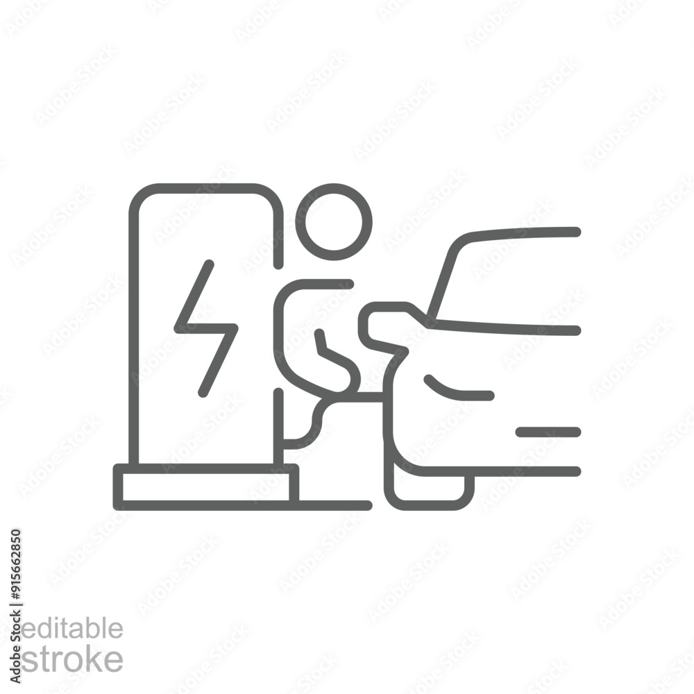 Man charging car icon. Simple outline style. Electric vehicle, charge, station, ev, eco, green energy, environment, technology concept. Thin line symbol. Vector illustration isolated. Editable stroke. Man charging car icon. Simple outline style. Electric vehicle, charge, station, ev, eco, green energy, environment, technology concept. Thin line symbol. Vector illustration isolated. Editable stroke.
