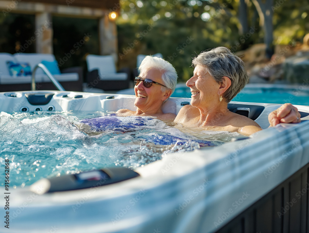 A couple of older people are enjoying a hot tub together. Scene is relaxed and happy