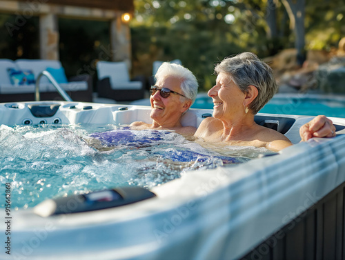 A couple of older people are enjoying a hot tub together. Scene is relaxed and happy