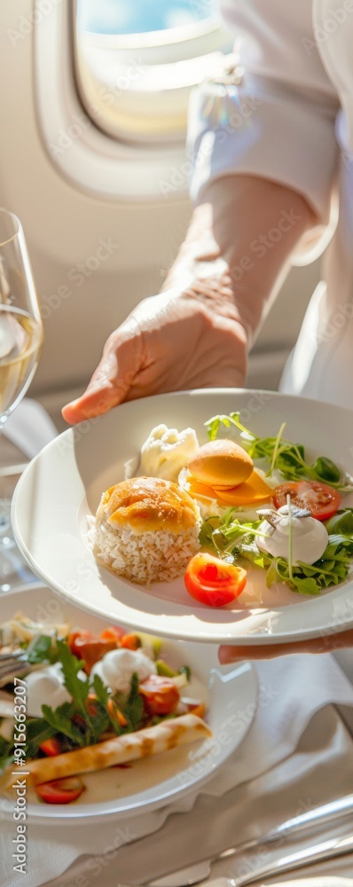 Female Flight Attendant Serving Gourmet Meal to Male Passenger on Airplane During Daytime, Emphasizing In-Flight Hospitality and Service Female Flight Attendant Serving Gourmet Meal to Male Passenger on Airplane During Daytime, Emphasizing In-Flight Hospitality and Service