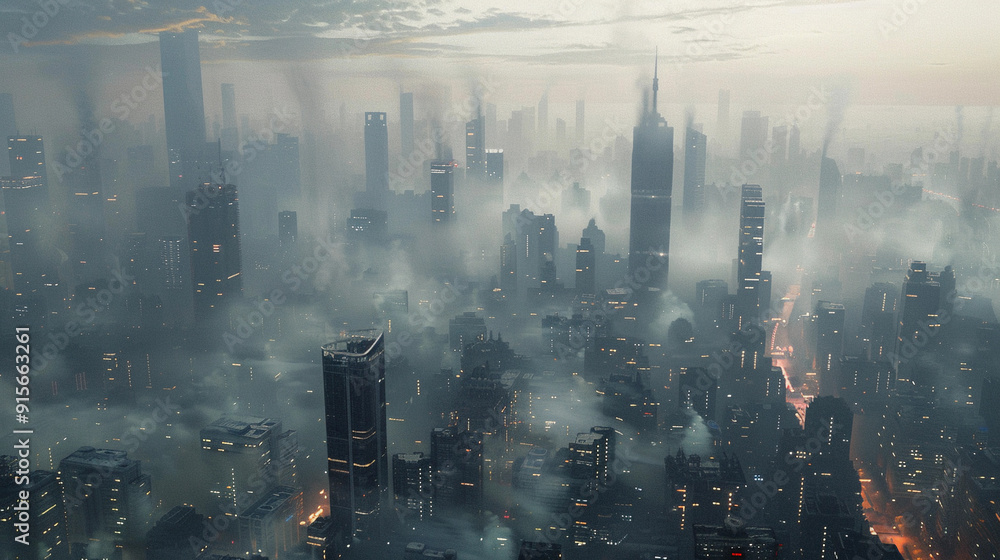 Obraz premium Smog-Covered Cityscape with Dense Pollution and Skyscrapers