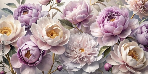 Fototapeta Naklejka Na Ścianę i Meble -  Delicate peonies in soft pink, purple, and grey hues, adorned with gold and silver accents, bloom beautifully on a crisp white background, exuding elegance and sophistication.