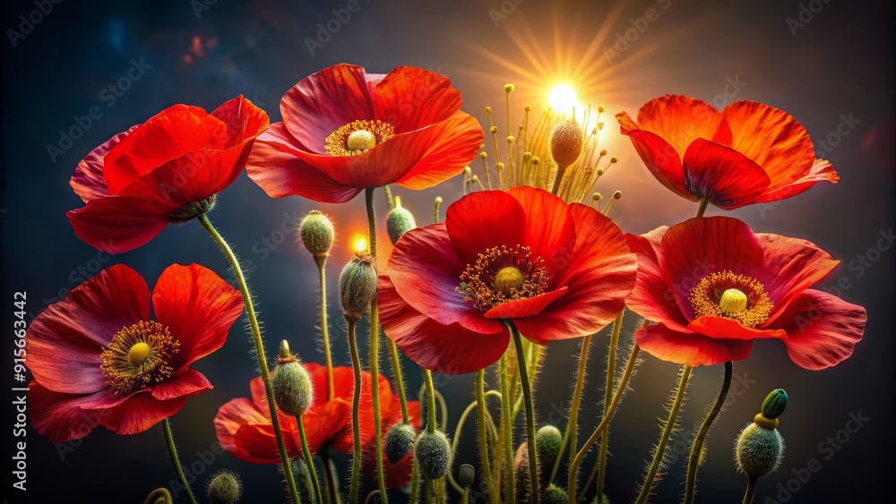Vibrant red poppy flowers bloom against a dramatic dark background, their delicate petals and golden centers illuminated, creating a stunning contrast of color and texture. Vibrant red poppy flowers bloom against a dramatic dark background, their delicate petals and golden centers illuminated, creating a stunning contrast of color and texture.