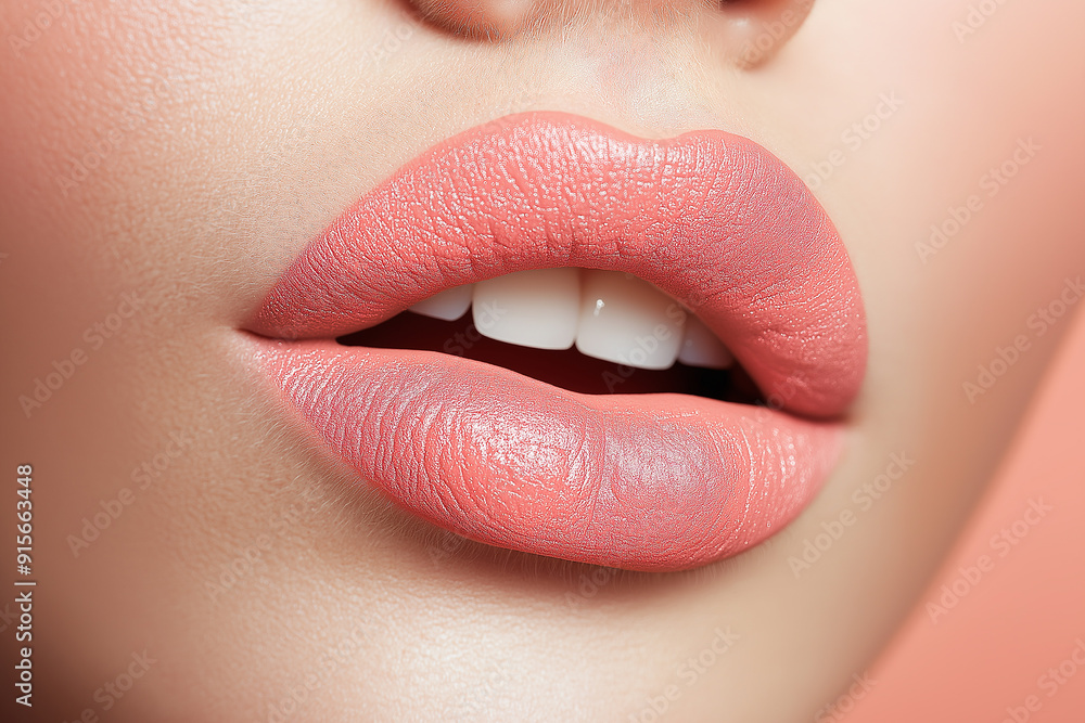 Fototapeta premium Close-up of peach-colored lips with soft, natural makeup, emphasizing the beauty of simplicity.