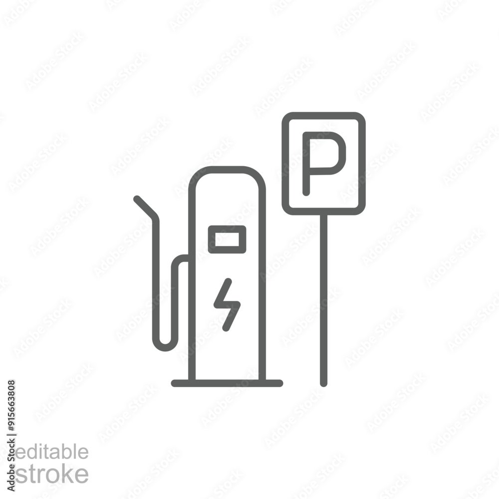 Charging point icon. Simple outline style. Electric vehicles charging station and charge parking, EV, green energy, technology concept. Thin line symbol. Vector illustration isolated. Editable stroke. Charging point icon. Simple outline style. Electric vehicles charging station and charge parking, EV, green energy, technology concept. Thin line symbol. Vector illustration isolated. Editable stroke.