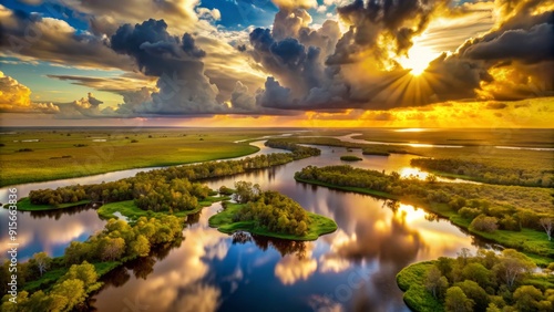 Wallpaper Mural Aerial perspective of serene Everglades landscape during dramatic cloudy sunset, showcasing vast expanse of wetlands, winding waterways, and cypress trees in warm golden light. Torontodigital.ca
