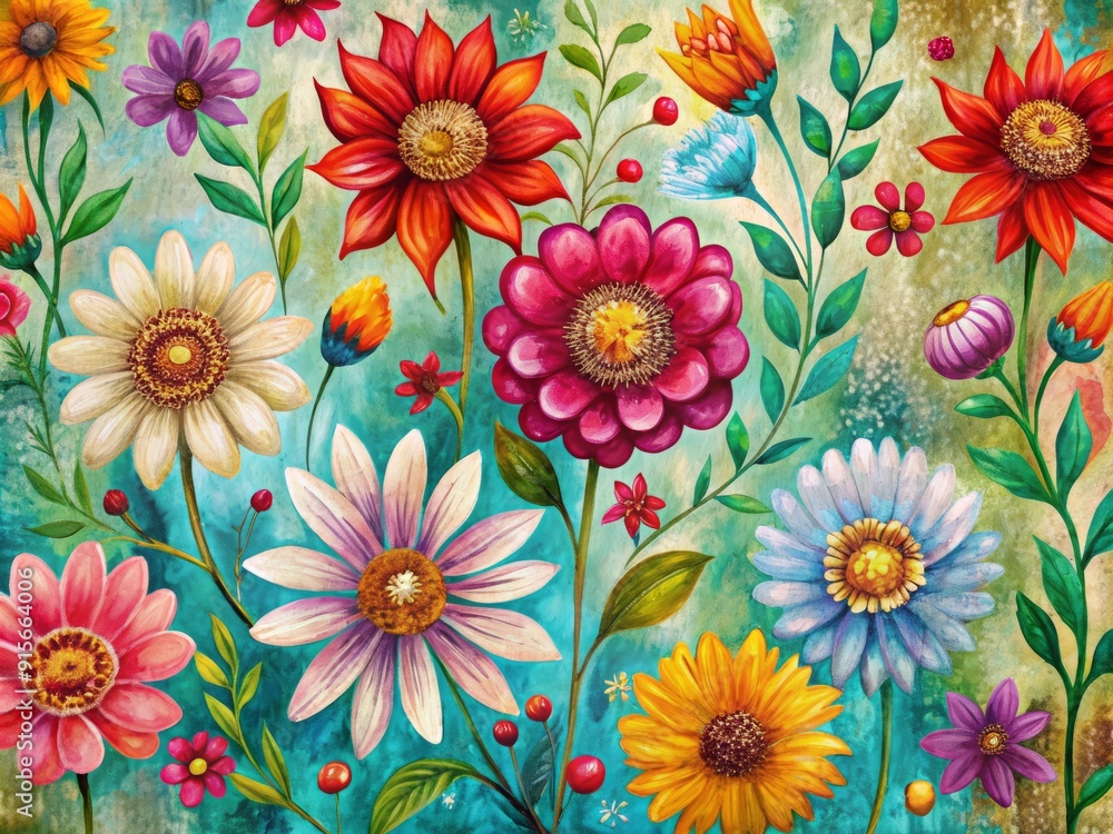 Vibrant whimsical abstract hand-drawn flowers bloom in a seamless pattern on a distressed vintage-inspired acrylic paint background, evoking spring's joyful essence.