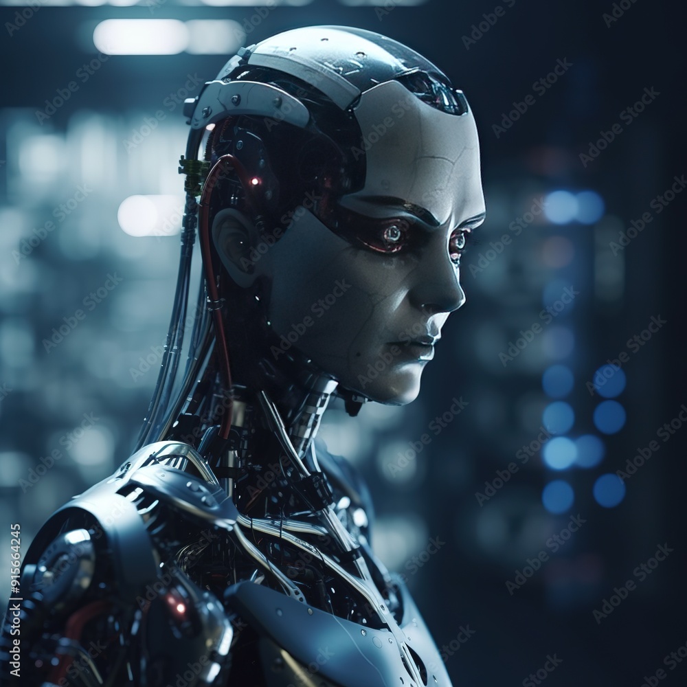 Close-up of a robotic female android with visible machinery. Close-up of a robotic female android with visible machinery.