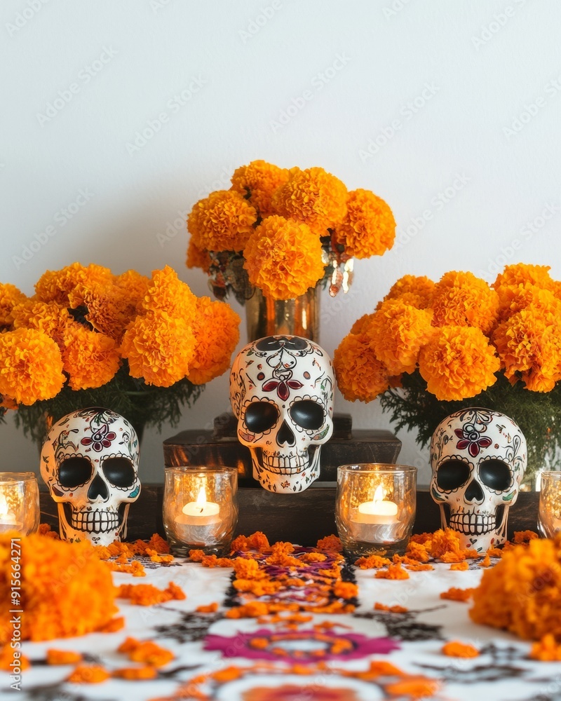 Dia de los Muertos Altar with Marigold Flowers, Sugar Skulls, and ...