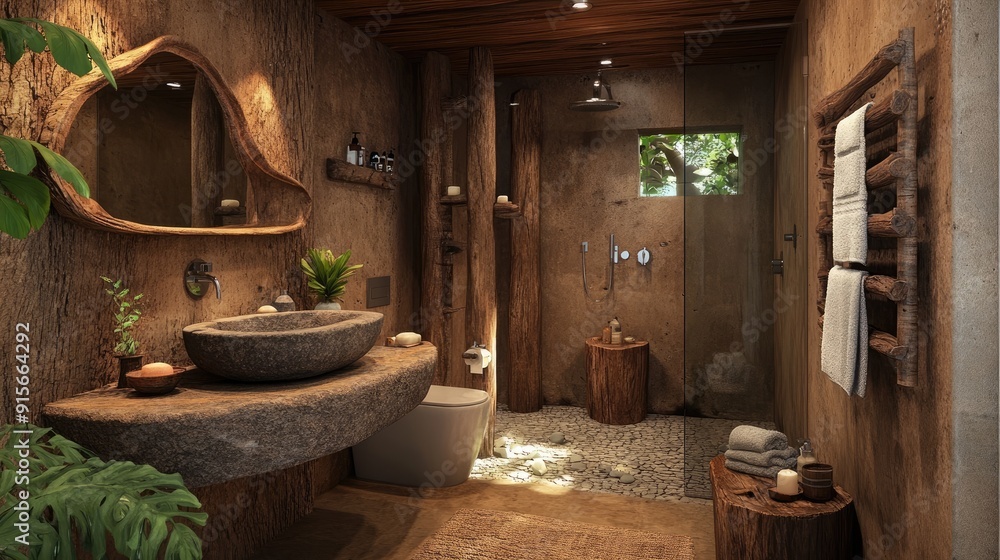 A rustic bathroom with wooden accents, a stone sink, and warm earthy tones, bringing a touch of nature indoors. A rustic bathroom with wooden accents, a stone sink, and warm earthy tones, bringing a touch of nature indoors.