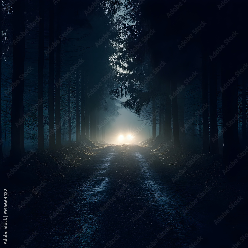 Fototapeta premium Mysterious Night Road in Forested Pathway Illuminated by Car Headlights