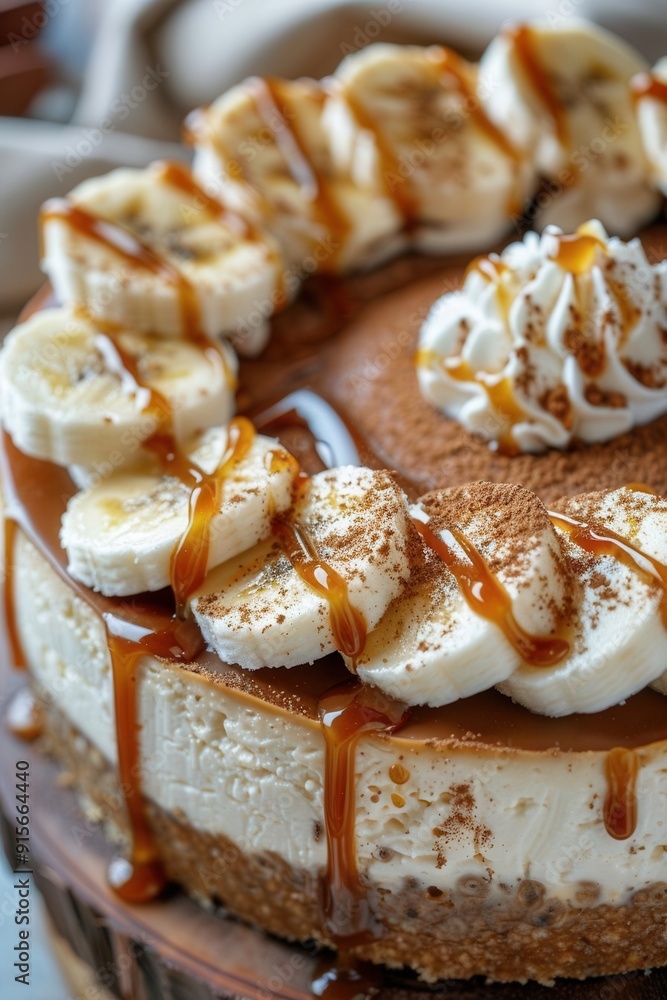 Close-up of a decadent Banoffee cheesecake, caramel drizzle, whipped cream, and banana slices, soft focus background, Close-up of a decadent Banoffee cheesecake, caramel drizzle, whipped cream, and banana slices, soft focus background,