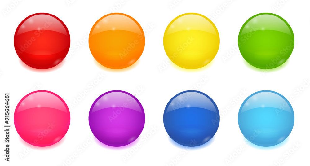 Glossy circle buttons, 3d round icons. Colored glass spheres set isolated on white background. Shiny blue, green, red and yellow circle web buttons, vector cartoon illustration