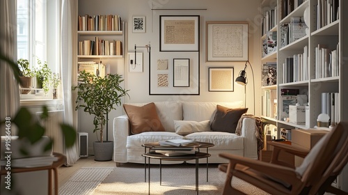 Fototapeta Naklejka Na Ścianę i Meble -  A small living room with space-saving furniture, clever storage solutions, and a stylish decor that makes the most of limited space.