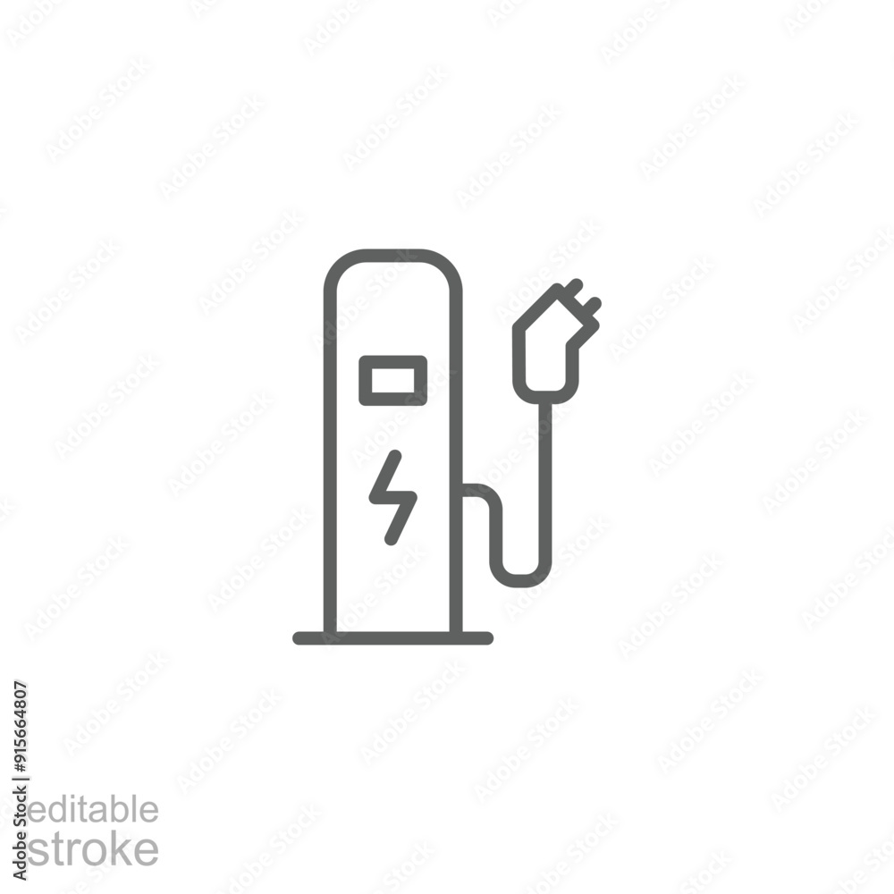 EV charging station icon. Simple outline style. Power supply station, charge, electric vehicle, green energy, technology concept. Thin line symbol. Vector illustration isolated. Editable stroke. EV charging station icon. Simple outline style. Power supply station, charge, electric vehicle, green energy, technology concept. Thin line symbol. Vector illustration isolated. Editable stroke.