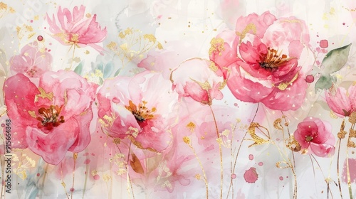 Whimsical Watercolor Artwork with Playful Pink Florals and Gilded Highlights