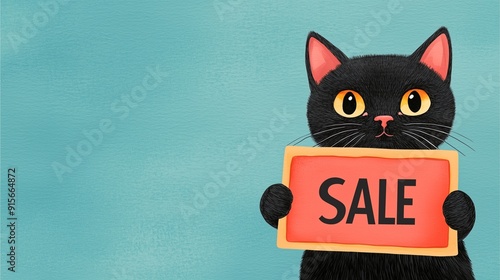 Playful black cat, holding a sale sign, on light blue background with space for text. photo