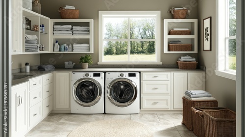 A well-organized laundry room with a washer and dryer, storage shelves, and a folding station, designed for efficiency.