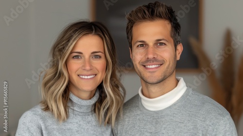 Young Couple Smiling Together in Cozy Indoor Setting During Daytime