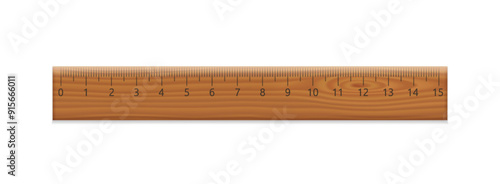 Wooden school ruler with centimeter scale. Math tool for measuring size, and length. Wood bar with millimeters scale and numbers up to 15 cm, vector realistic illustration isolated on white background