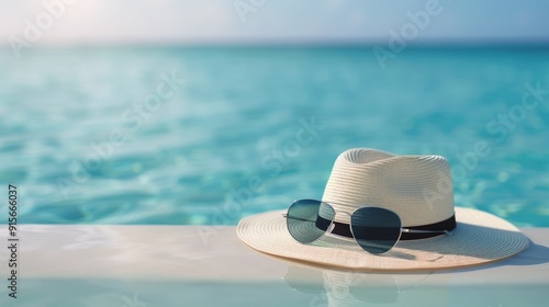 Relaxing Summer Hat and Sunglasses by Poolside on a Sunny Day
