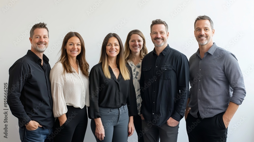 Fototapeta premium Group of six professionals smiling together in a modern office setting during daylight hours