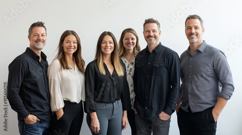 Group of six professionals smiling together in a modern office setting during daylight hours