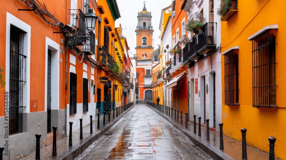 Fototapeta premium Colorful Cobblestone Street in Oaxaca, Mexico After Rain