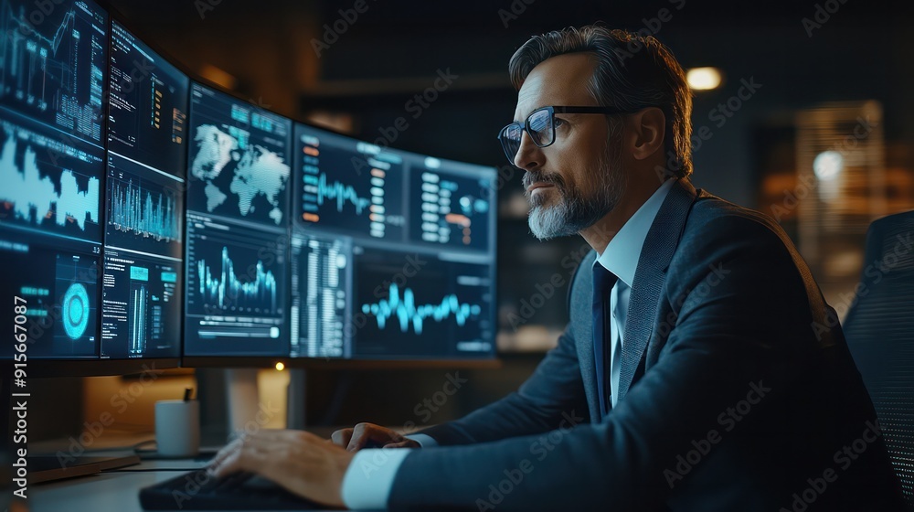 Businessman analyzes global market trends and investment strategies Businessman analyzes global market trends and investment strategies