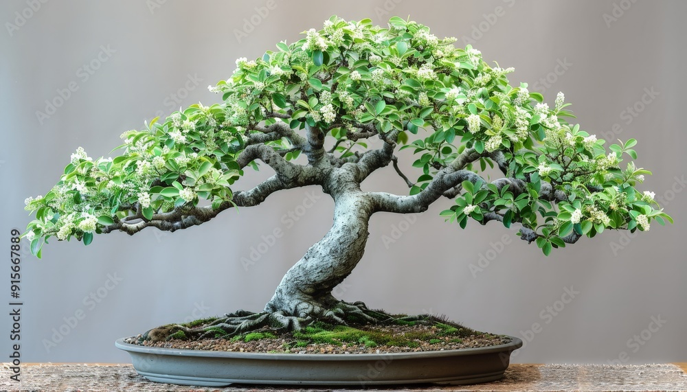 Bonsai tree with delicate leaves and small white flowers, set against a neutral background to highlight its elegance Bonsai tree with delicate leaves and small white flowers, set against a neutral background to highlight its elegance