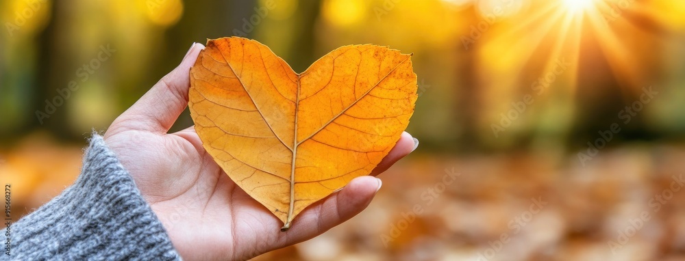 Obraz premium A romantic autumn leaf bouquet held in the sunlit forest in fall
