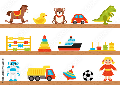 Cute cartoon children toys on wooden shelves. Toy store or children room.