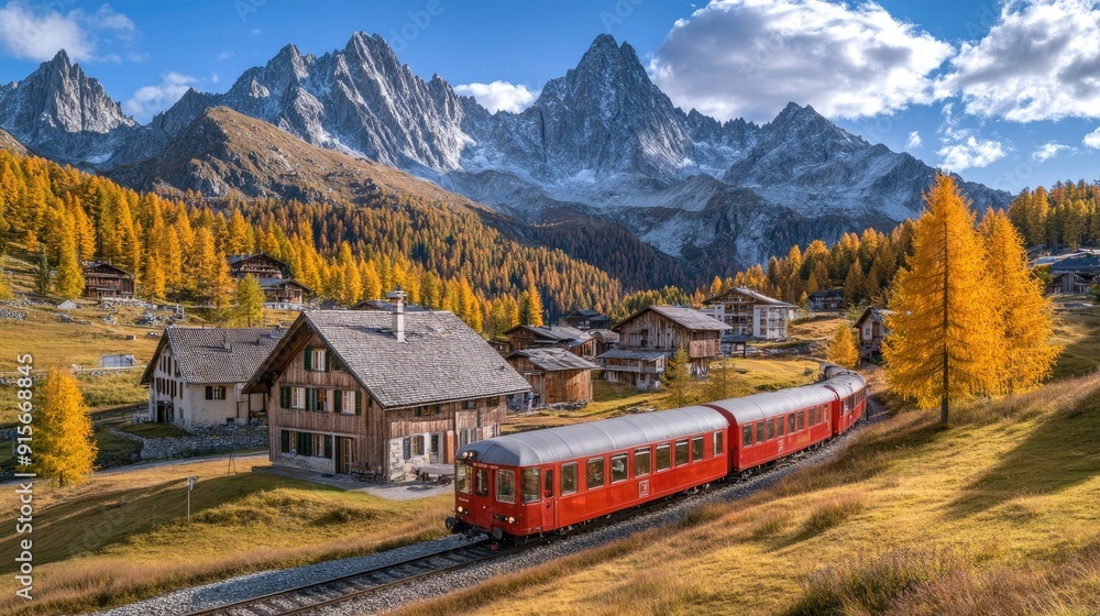 A red train travels through colorful autumn mountains and valleys in a stunning landscape A red train travels through colorful autumn mountains and valleys in a stunning landscape