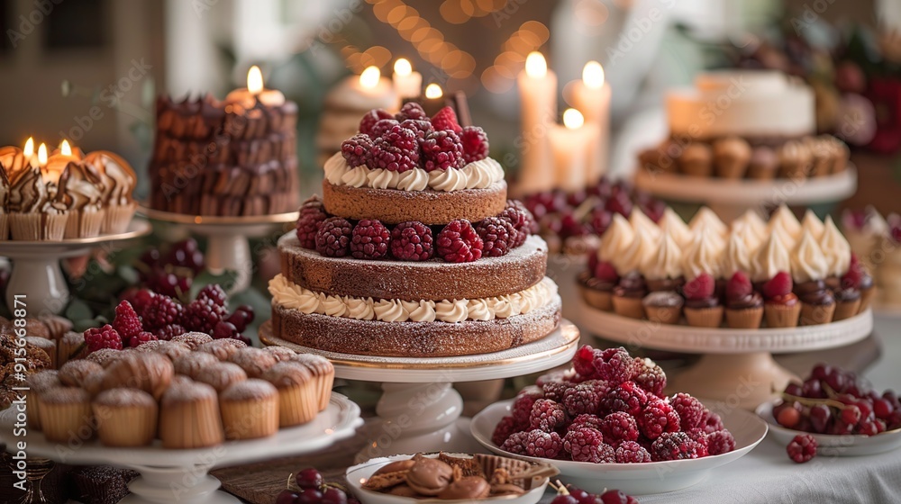 Delicious Dessert Table With Cakes, Cupcakes, And Raspberries Delicious Dessert Table With Cakes, Cupcakes, And Raspberries