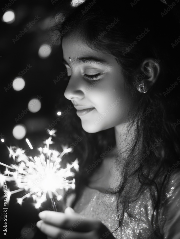 Fototapeta premium A young child holds a lit sparkler, ready for a celebration or special event