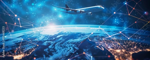 Airplane flying over a world map, depicting global network, information exchange, and international data transfer
