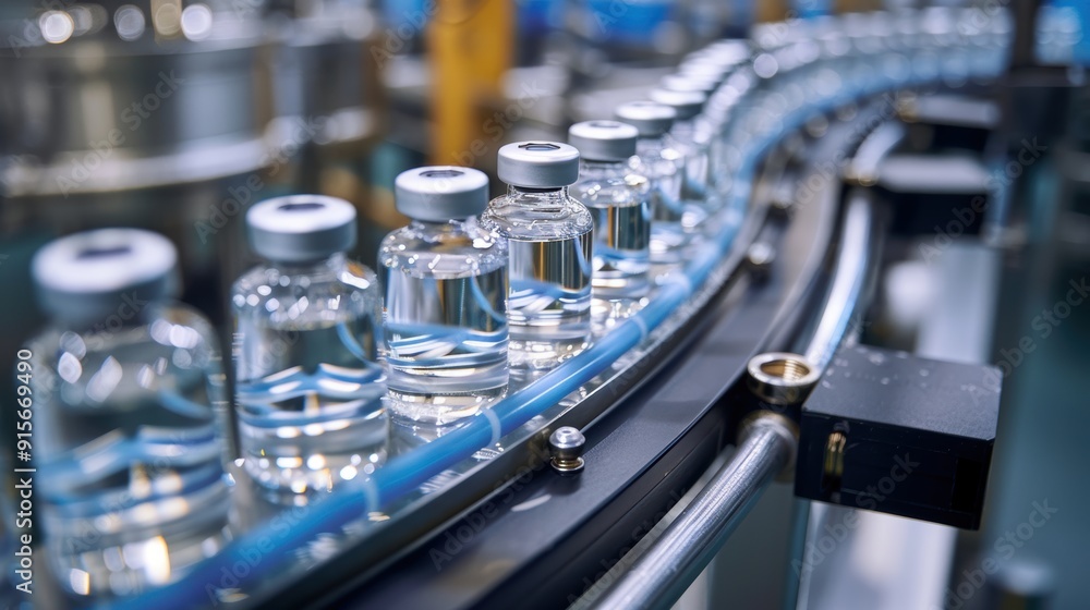 Medical vials on production line at pharmaceutical factory, Pharmaceutical machine working pharmaceutical glass bottles production line, health care, pandemic Medical vials on production line at pharmaceutical factory, Pharmaceutical machine working pharmaceutical glass bottles production line, health care, pandemic