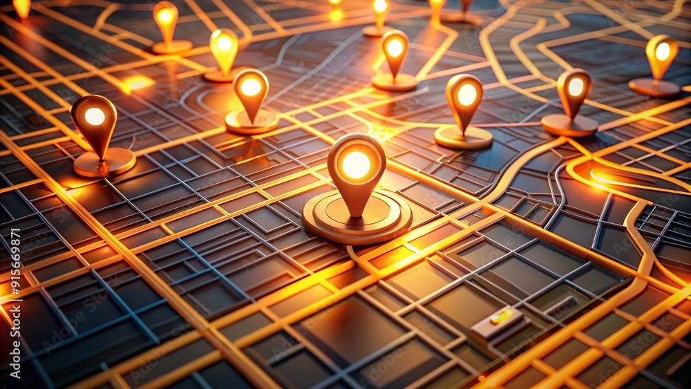 Fototapeta premium 3D isometric city map with pin mark and glowing line move path
