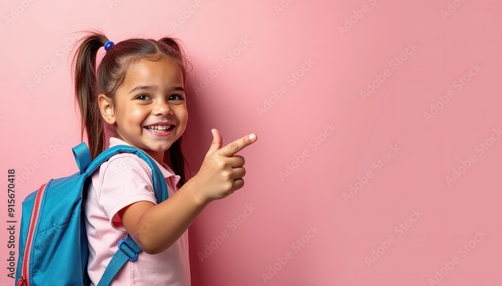 Happy School Girl Pointing to Copy Space with Backpack. Happy School Girl Pointing to Copy Space with Backpack.