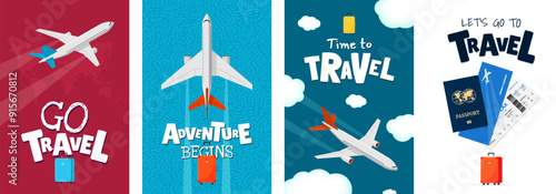 Flight travel poster set with passenger airplane and airline ticket or boarding pass. Suitcase and passport for aircraft journey advertising banner. Plane tourist elements. Season vacation promo print